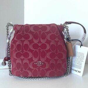Coach Faye Mini Drawstring Bag Signature Denim True Red Silver CCZ45